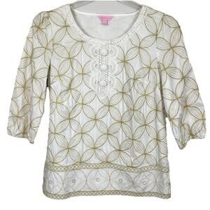 Lilly Pulitzer Shannon Gold Tunic Top Size Small Ivory Gold Embroidered Tropical